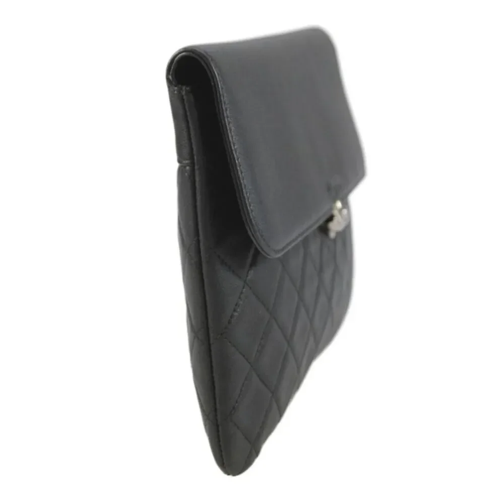 Chanel Womens Quilted Lambskin CC Box O Case Clutch Pouch Handbag Black